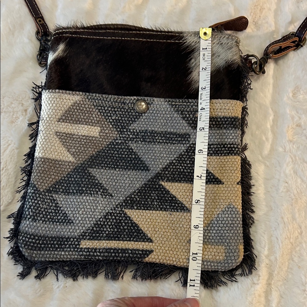 Stylish Myra Cowhide & Canvas Crossbody Bag Geometric Pattern With Fringe - Picture 7 of 11